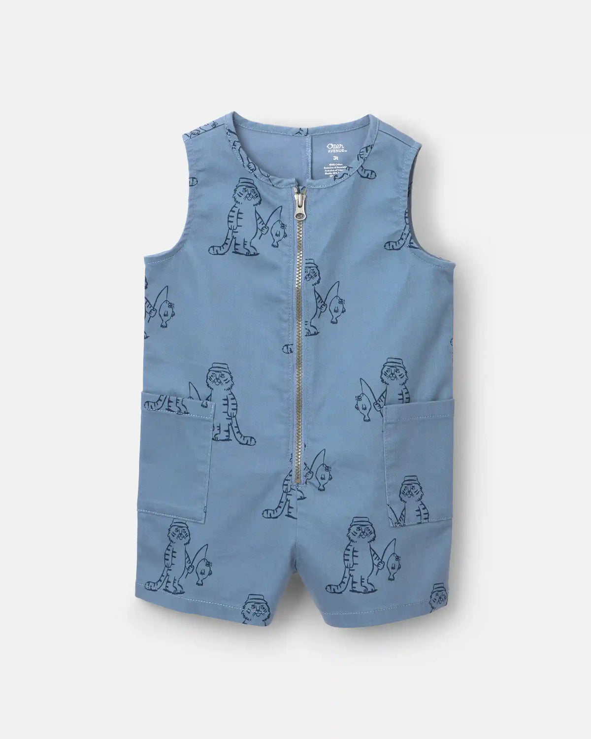 Toddler Romper with Otter Pockets in Fishing Tiger Print - Slate Blue
