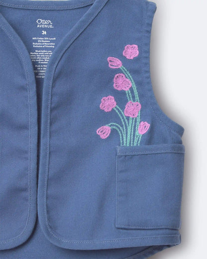 Toddler Girl Embroidered Cropped Vest with Otter Pockets - Slate Blue