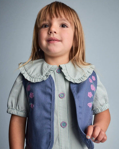 Toddler Girl Embroidered Cropped Vest with Otter Pockets - Slate Blue