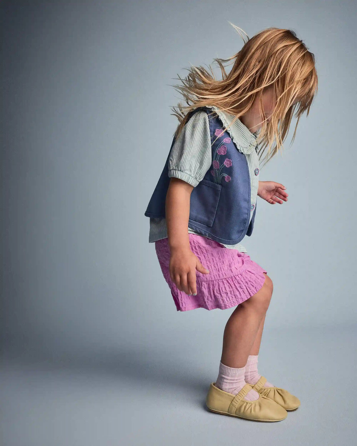 Toddler Girl Embroidered Cropped Vest with Otter Pockets - Slate Blue