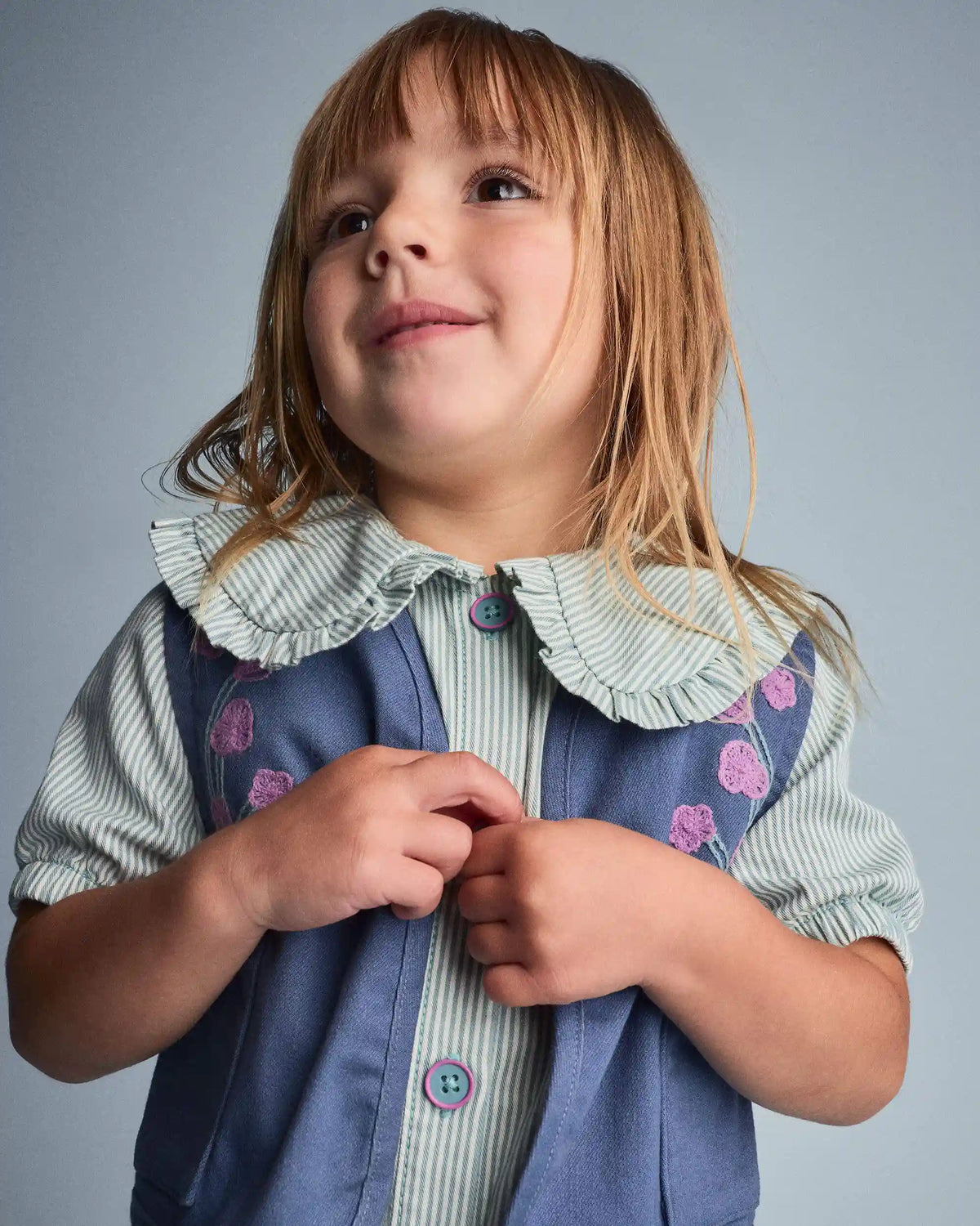 Toddler Girl Embroidered Cropped Vest with Otter Pockets - Slate Blue