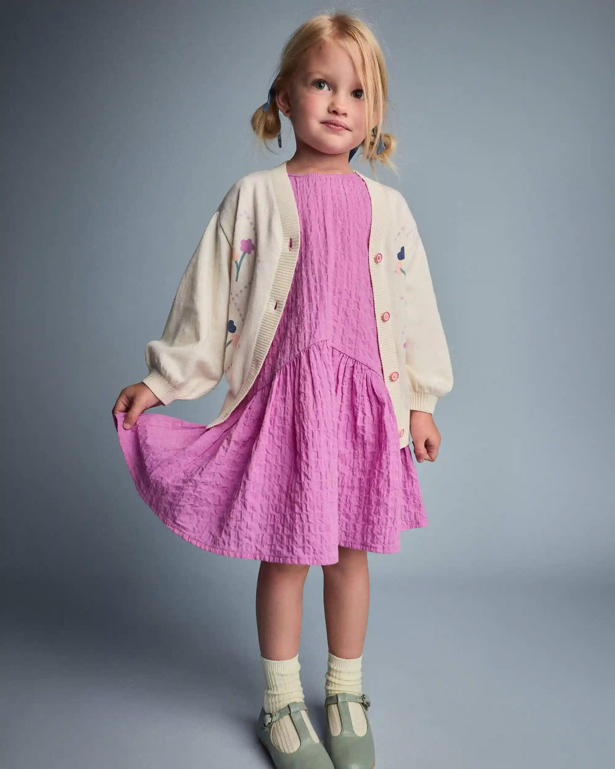 Toddler Girl Cardigan Sweater with Flowers - Cream