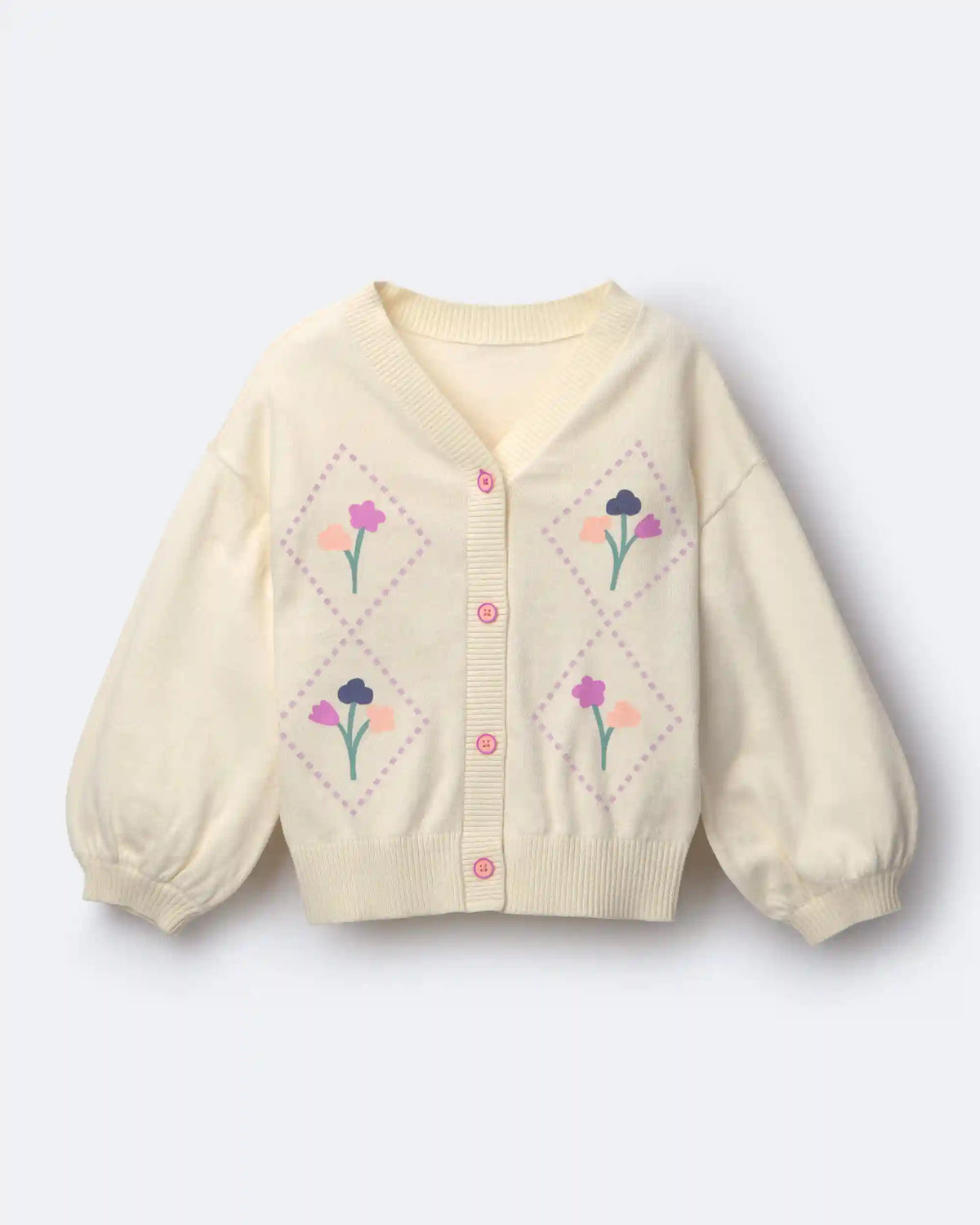 Toddler Girl Cardigan Sweater with Flowers - Cream