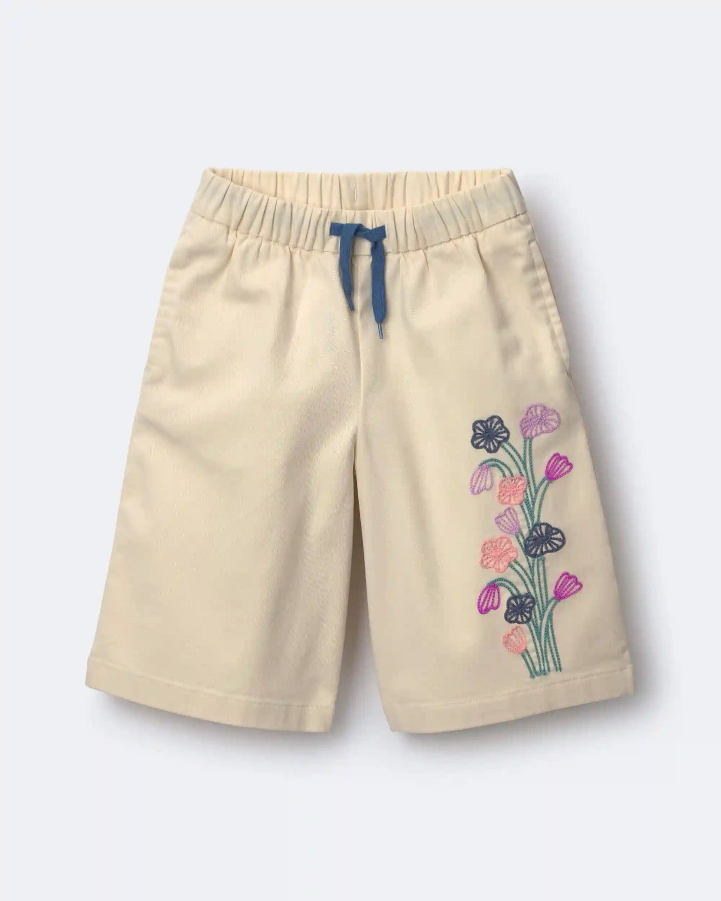 Toddler Girl Embroidered Wide-Leg Pants with Flowers - Cream