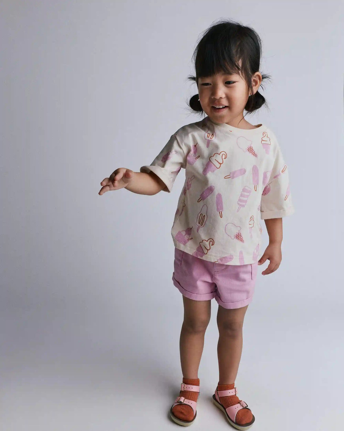 Toddler Girl Rolled Cuff Tee in Ice Cream Print - Cream