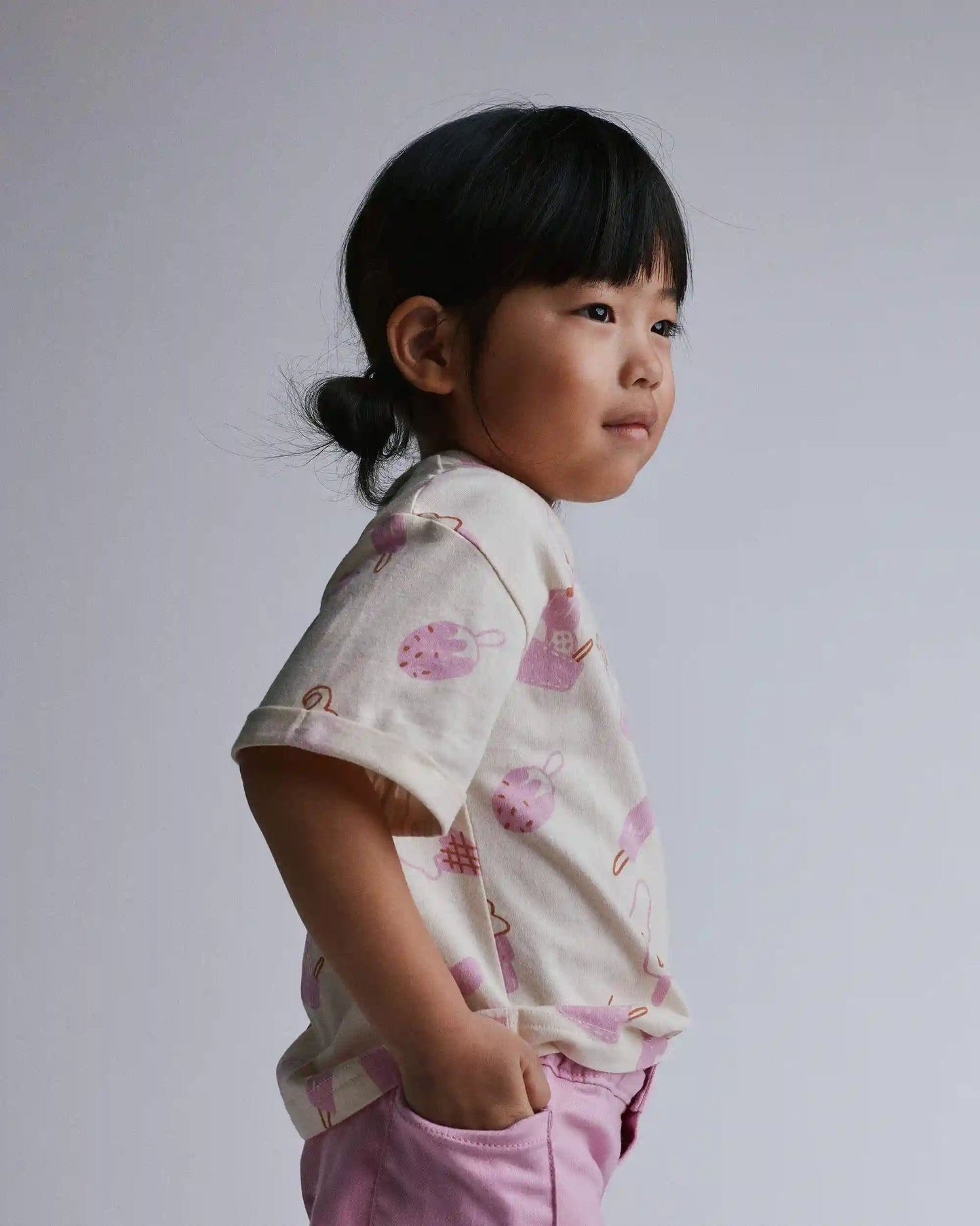 Toddler Girl Rolled Cuff Tee in Ice Cream Print - Cream