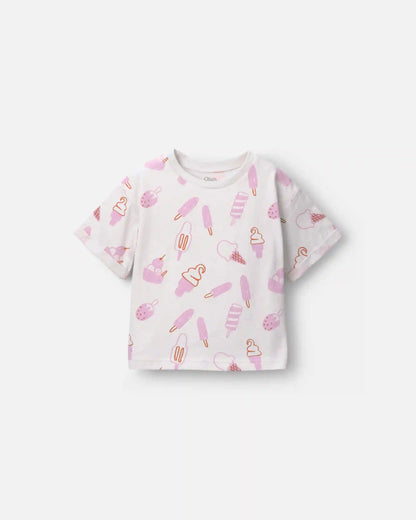 Toddler Girl Rolled Cuff Tee in Ice Cream Print - Cream