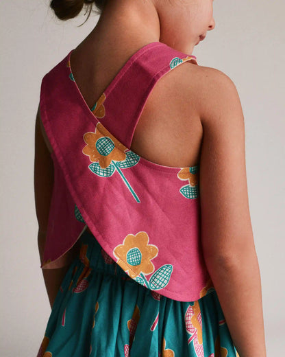 Toddler Girl Reversible Cross-Back Top in Floral Print - Hot Pink