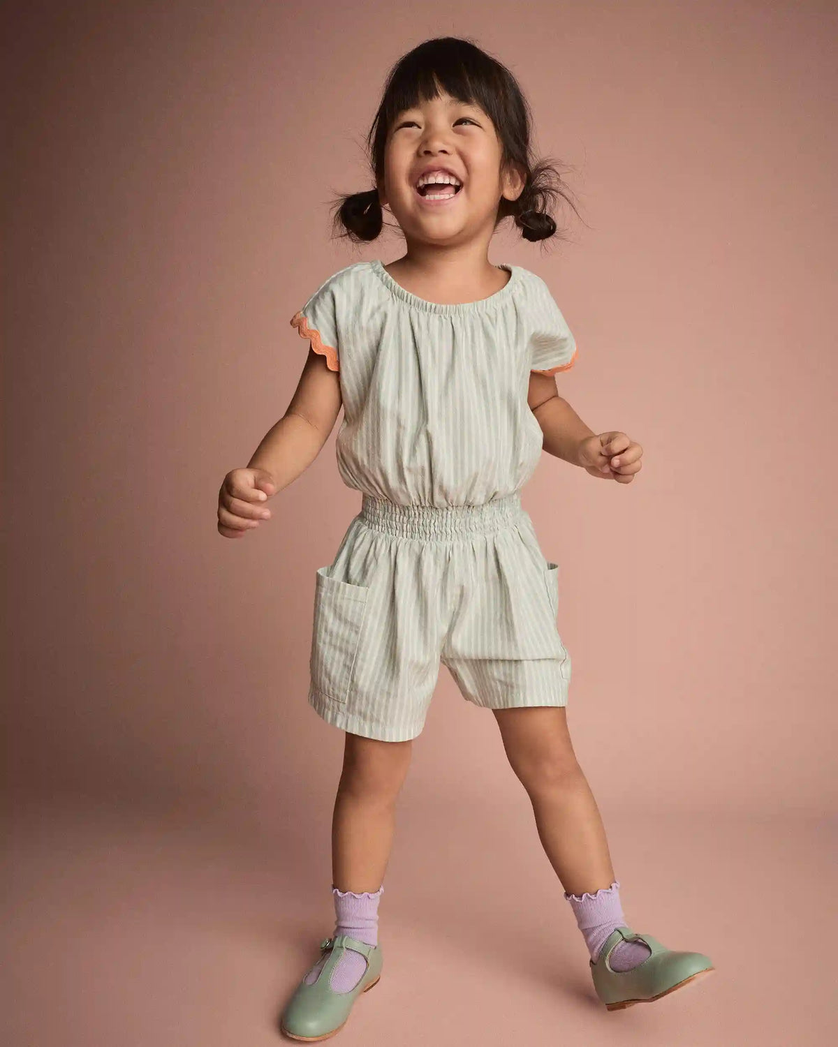 Toddler Girl Swing Romper with Pockets in Stripes- Light Blue