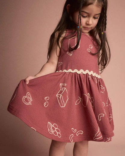 Toddler Girl Ric-Rac Crossover Dress in Snack Print - Red