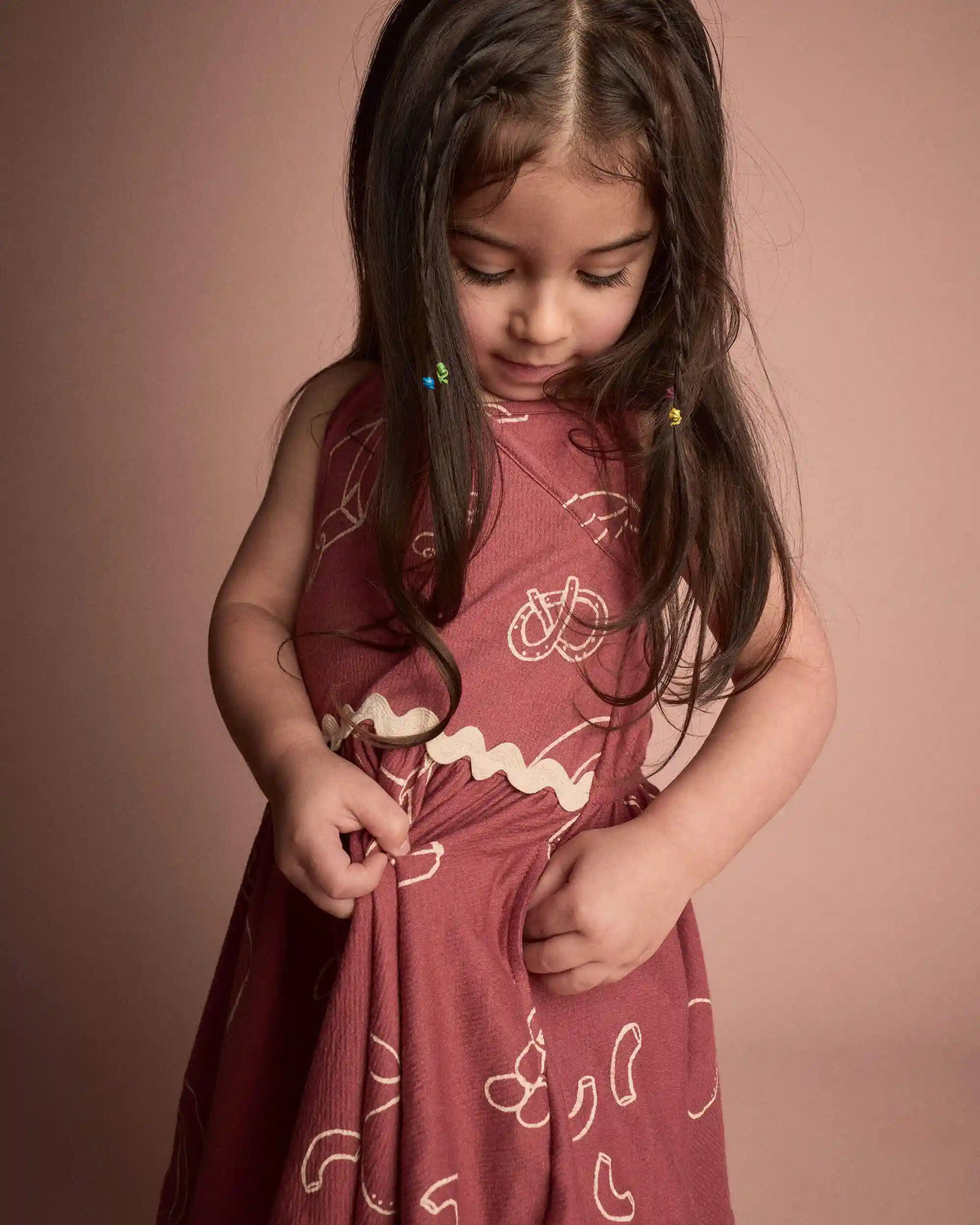 Toddler Girl Ric-Rac Crossover Dress in Snack Print - Red