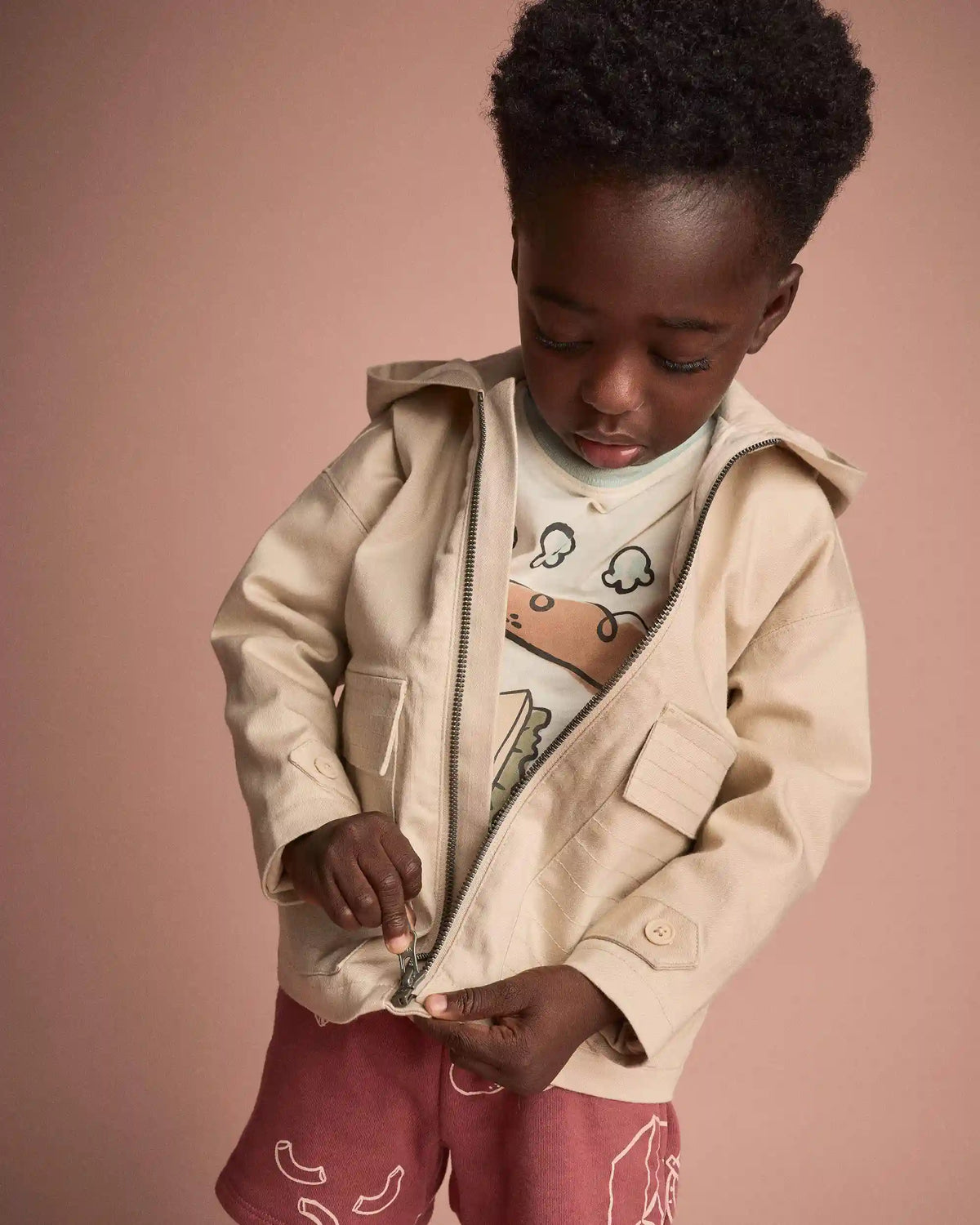 Toddler Boy Zip-Up Hooded Jacket with Pockets - Khaki