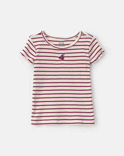 Toddler Girl Cherry Striped Rib Top - Burgundy/Cream