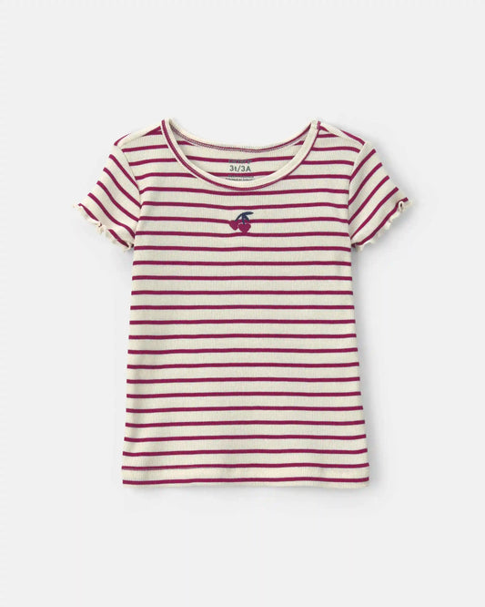 Toddler Girl Cherry Striped Rib Top - Burgundy/Cream
