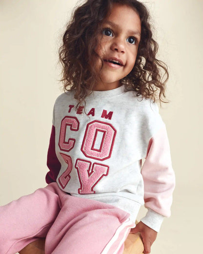 Toddler Girl 'Team Cozy' French Terry Pullover Sweatshirt - Grey/Pink/Burgundy
