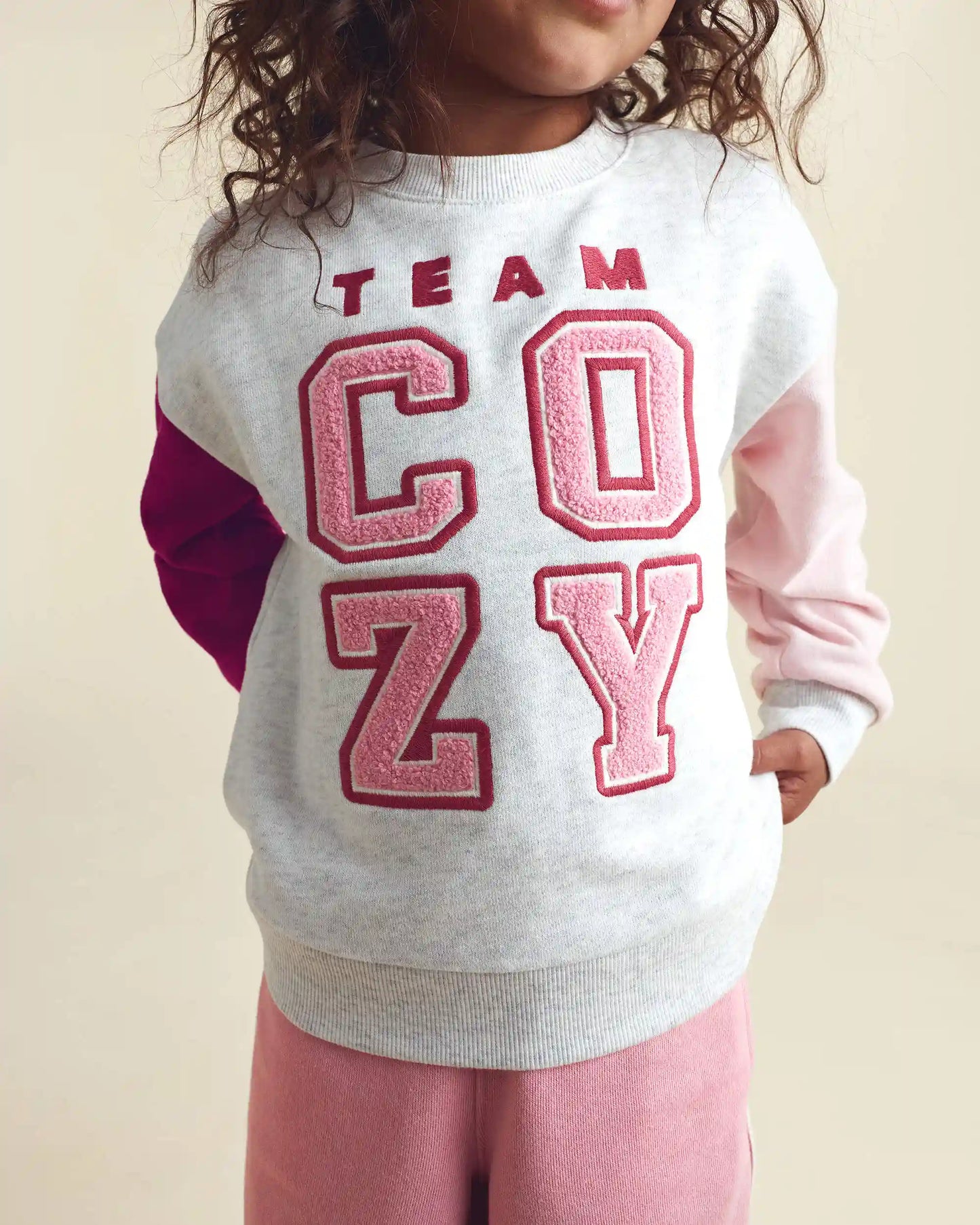 Toddler Girl 'Team Cozy' French Terry Pullover Sweatshirt - Grey/Pink/Burgundy