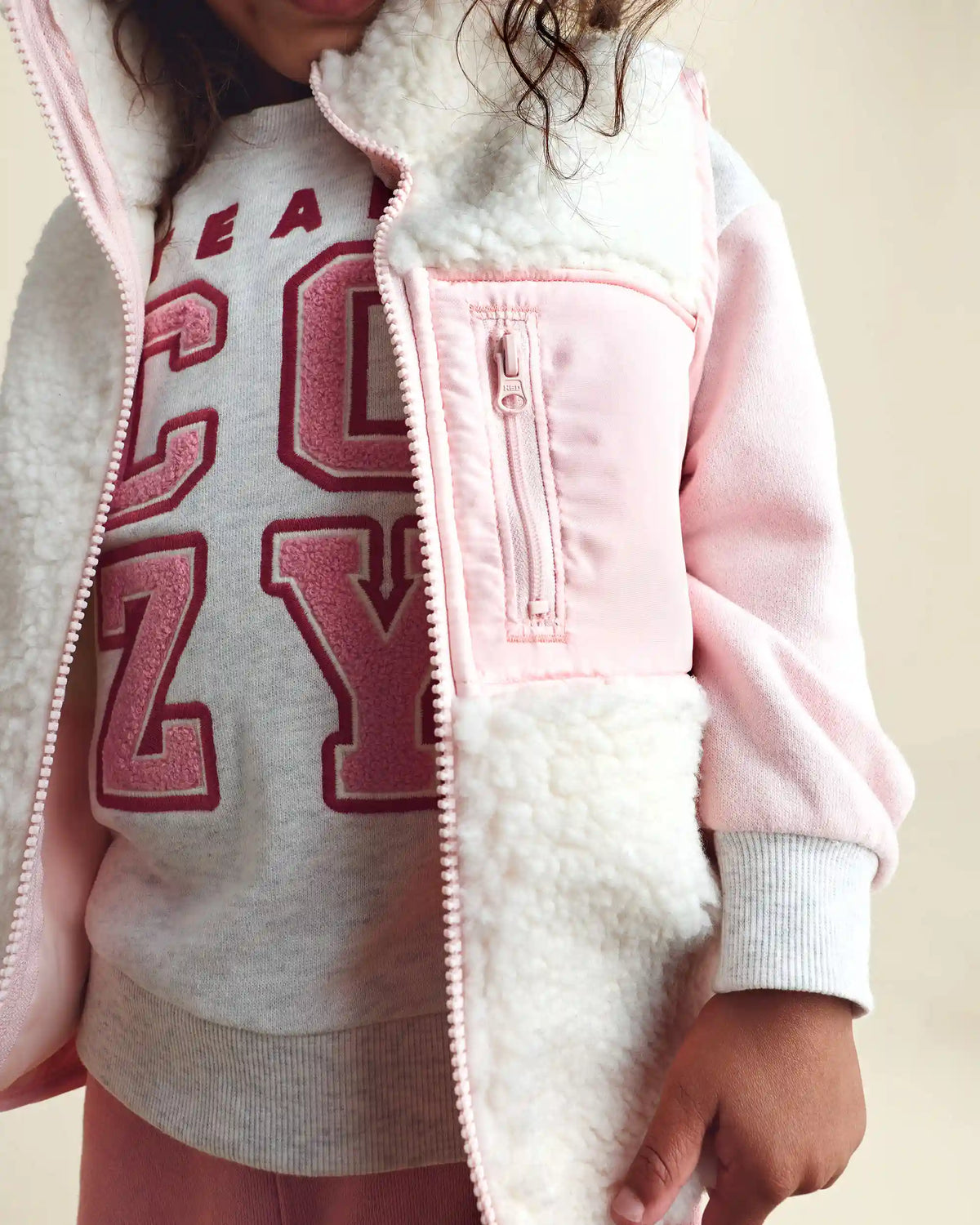 Toddler Girl Teddy Fleece Vest - Cream/Pink