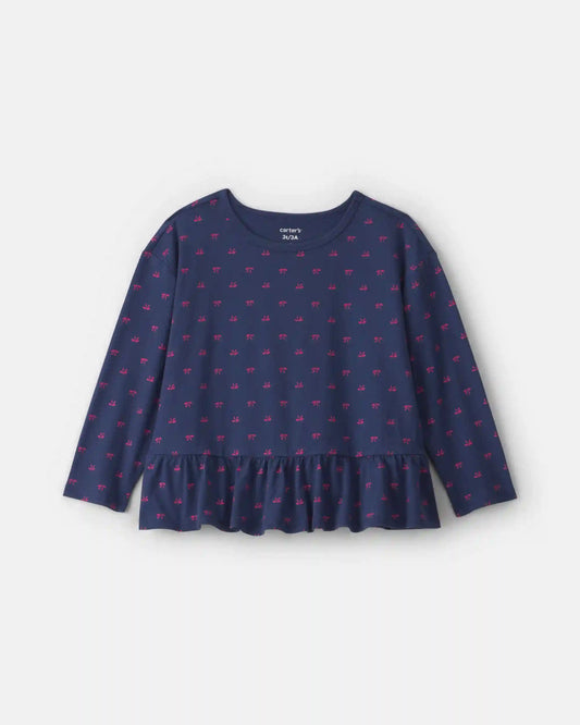 Toddler Girl Bow Long-Sleeve Peplum Top - Navy Blue