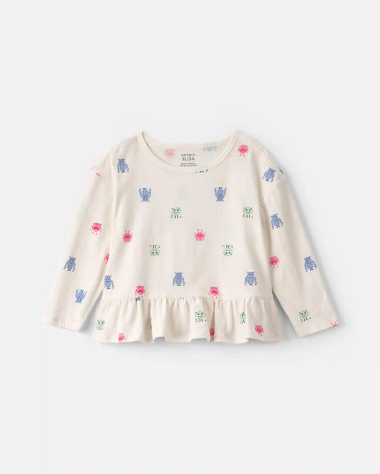 Toddler Girl Monster Long-Sleeve Peplum Top - Cream