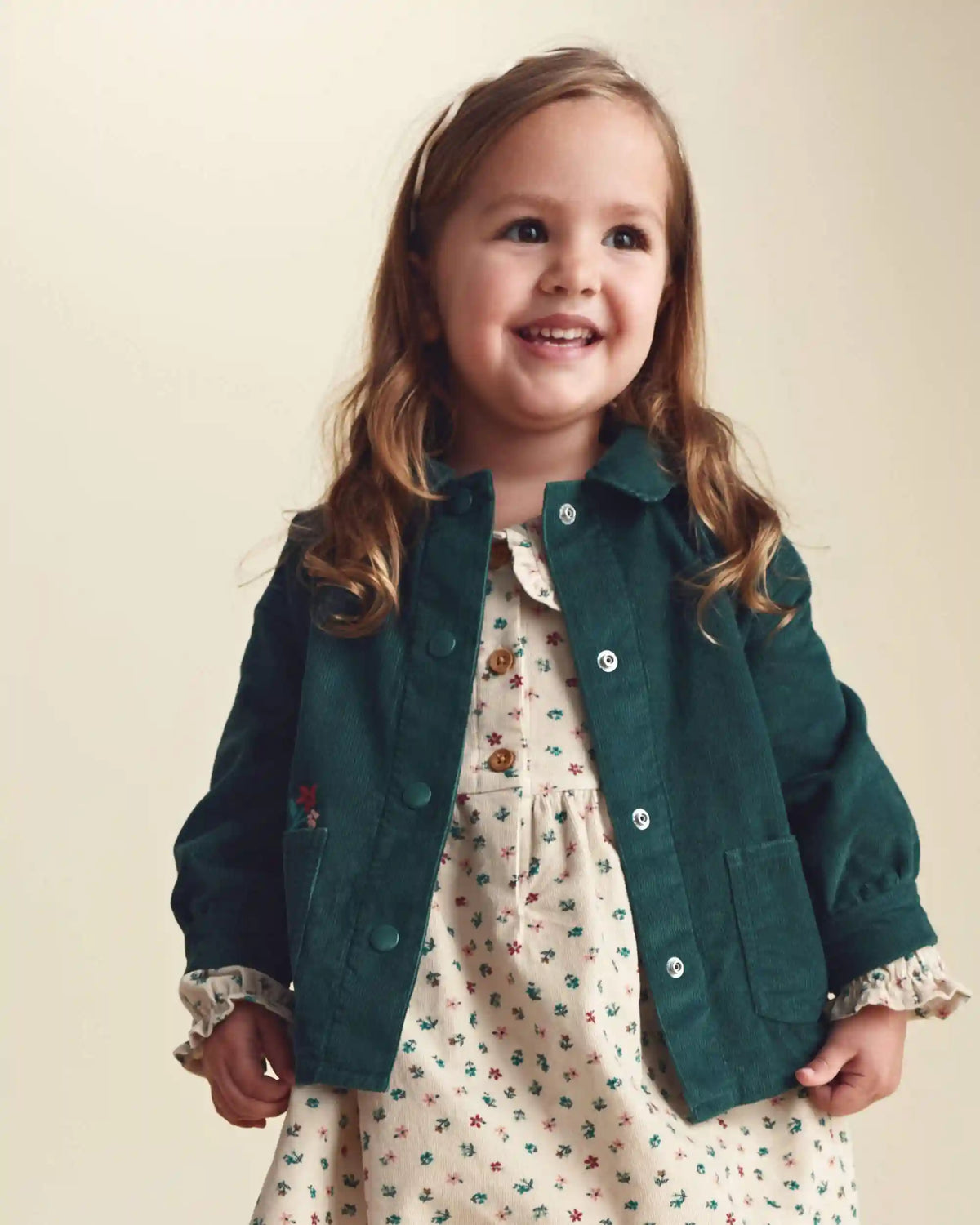 Toddler Girl Flower Embroidered Corduroy Jacket - Green