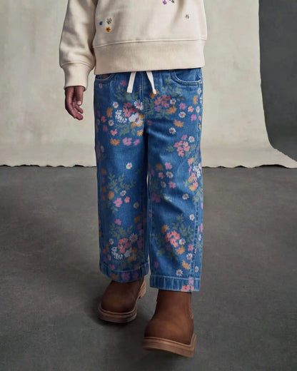 Toddler Girl Floral Denim Wide-Leg Jeans - Dark Wash