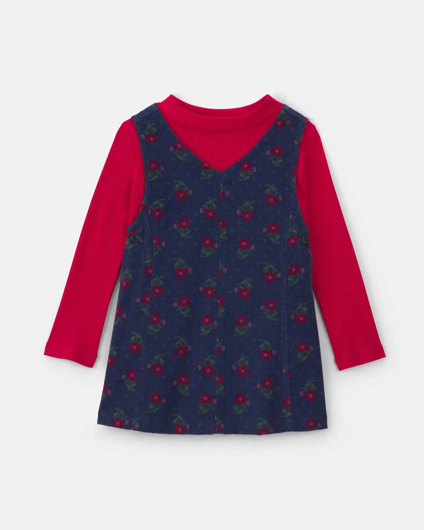 Toddler Girl 2-Piece Floral Corduroy Long-Sleeve Dress Set - Navy Blue/Red