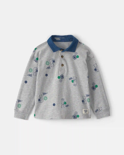 Toddler Boy Bear Long-Sleeve Polo Shirt - Grey