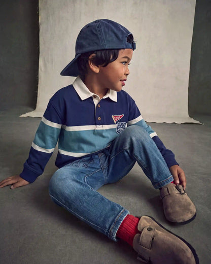 Toddler Boy Varsity Striped Long-Sleeve Polo Shirt - Navy Blue