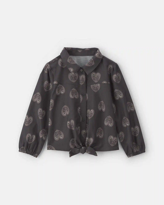 Toddler Girl Heart Twill Long-Sleeve Tie Top - Black