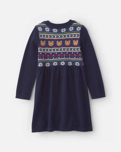 Toddler Girl Bear Fair Isle Long-Sleeve Dress - Navy Blue