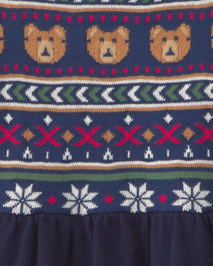 Toddler Girl Bear Fair Isle Long-Sleeve Dress - Navy Blue