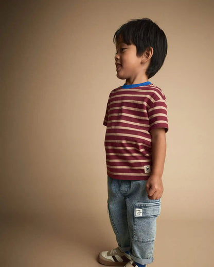 Toddler Boy Relaxed Tee in Stripes - Burgundy/Royal Blue