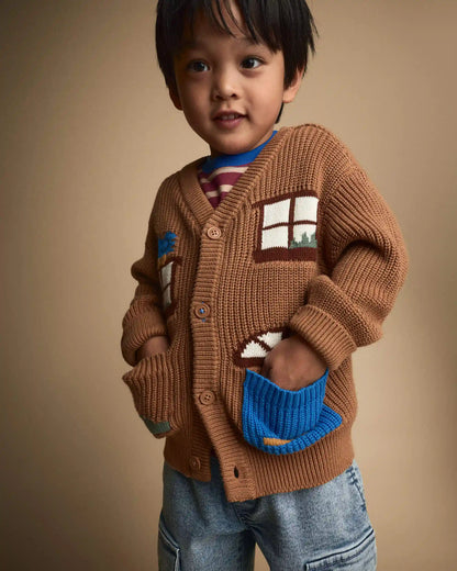 Toddler Cardigan with Avenue Pockets in House Print - Brown