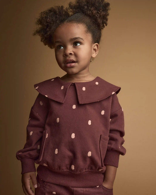 Toddler Girl Peter Pan Collar Pullover with Otter Pockets in Polka Dots - Burgundy