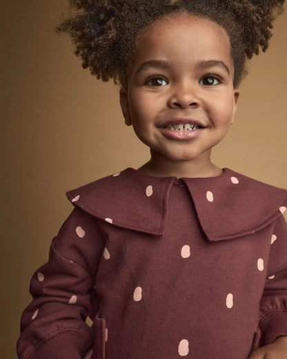 Toddler Girl Peter Pan Collar Pullover with Otter Pockets in Polka Dots - Burgundy
