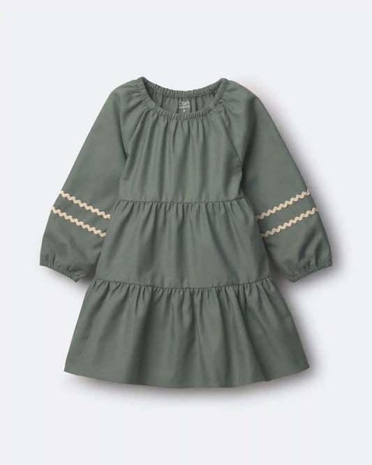 Toddler Girl Rick-Rack Long-Sleeve Tiered Dress - Olive