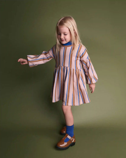 Toddler Girl Balloon-Sleeve Dress in Stripes - Pink/Brown/Blue
