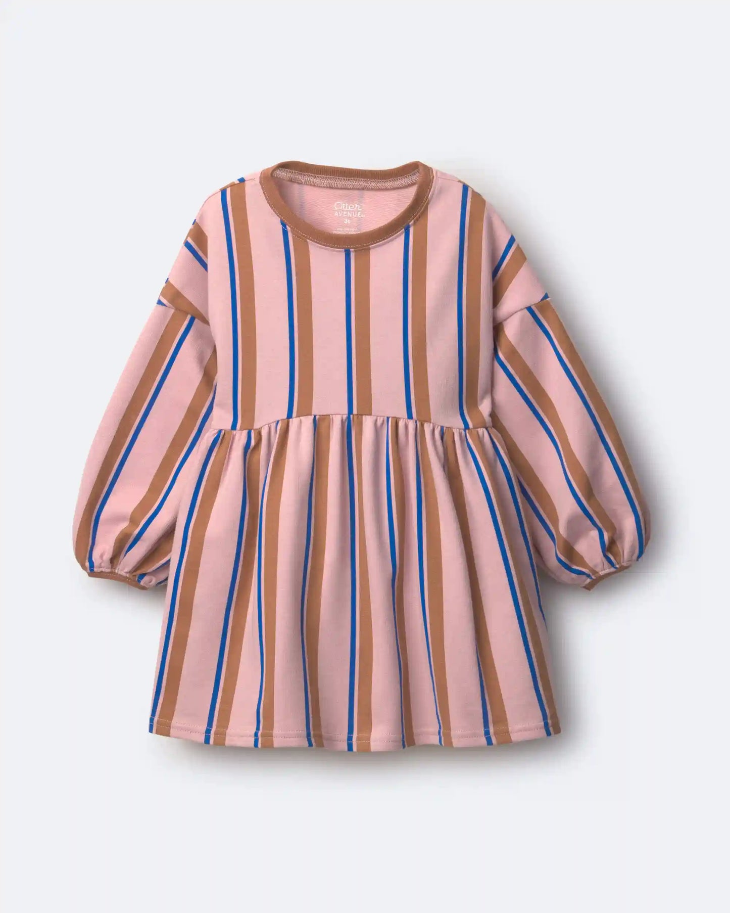 Toddler Girl Balloon-Sleeve Dress in Stripes - Pink/Brown/Blue