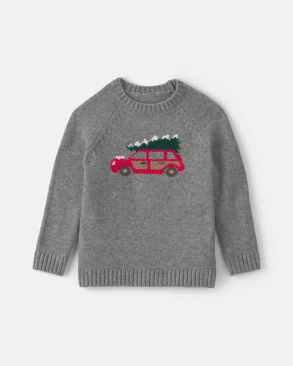 Toddler Boy Christmas Car Sweater - Grey