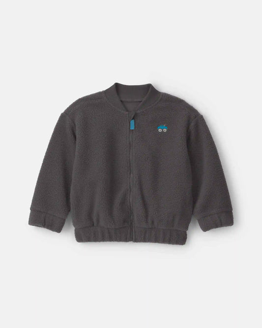 Toddler Boy Monster Truck Teddy Fleece Zip-Up Jacket - Charcoal Grey