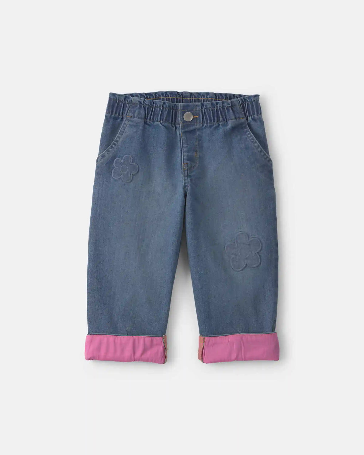Toddler Girl Acid Wash Denim Baggy Cuffed Flower Jeans - Blue/Pink