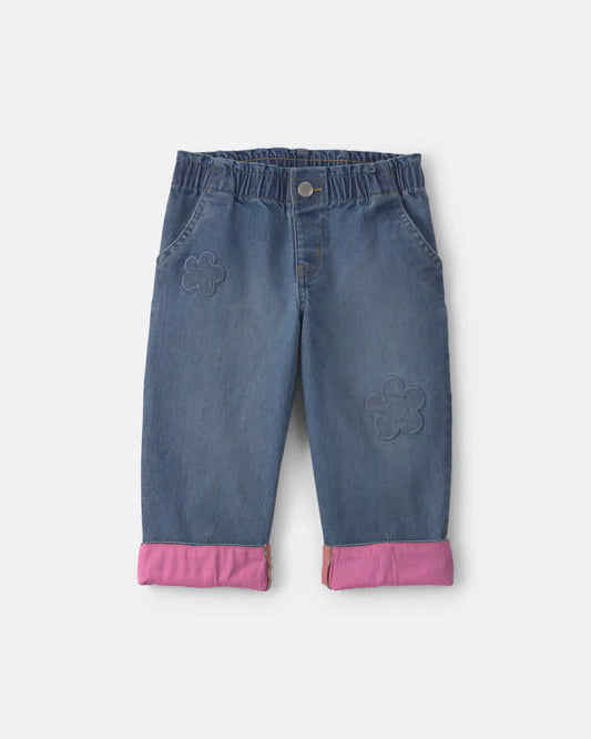 Toddler Girl Acid Wash Denim Baggy Cuffed Flower Jeans - Blue/Pink