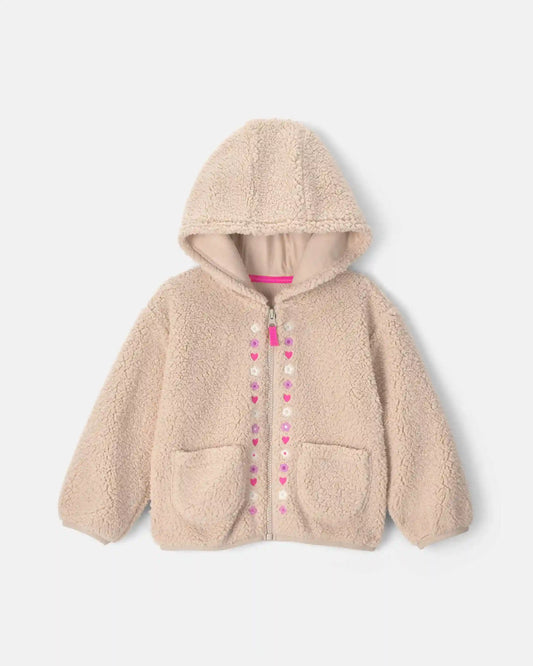 Toddler Girl Flower Teddy Fleece Zip-Up Hoodie - Cream