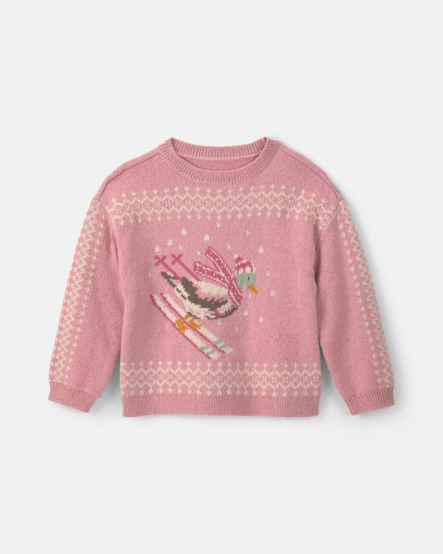 Toddler Girl Duck Skiing Fair Isle Sweater - Pink