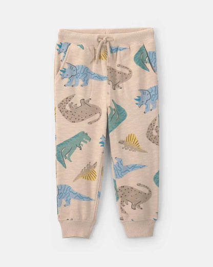 Toddler Boy Dinosaur French Terry Joggers - Beige