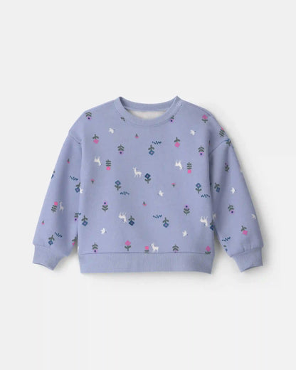 Toddler Girl Deer Floral Fleece Long-Sleeve Pullover Sweatshirt - Blue