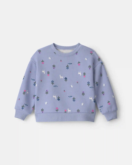 Toddler Girl Deer Floral Fleece Long-Sleeve Pullover Sweatshirt - Blue