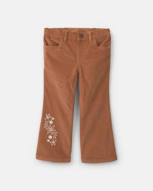 Toddler Girl Floral Embroidered Corduroy Flare Pants - Brown