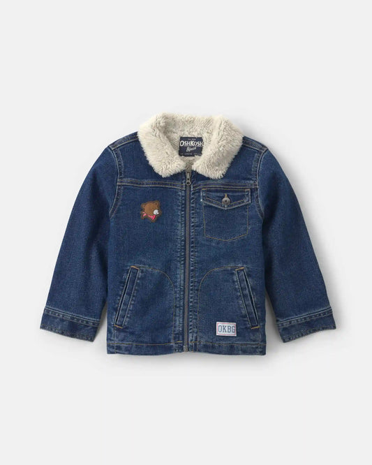 Toddler Boy Bear Teddy Fleece Denim Jacket - Dark Wash