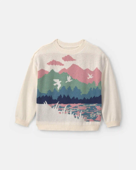 Toddler Girl Duck Landscape Sweater - Cream/Green
